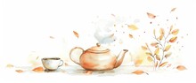 Watercolor Illustration Of A Teapot And Teacup With Autumn Leaves. The Perfect Cozy Scene For A Relaxing Afternoon.