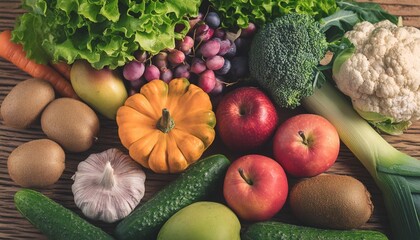 top view different fresh fruits and vegetables organic on table top colorful various fresh vegetables for eating healthy and dieting