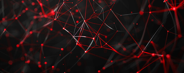 Wall Mural - Sleek black backdrop with red digital threads weaving a complex web, illustrating advanced communication technologies.