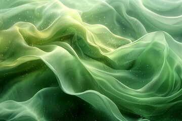 Wall Mural - Luminous green waves of fabric with sparkling particles. Organic green lines in abstract pattern for wallpaper background.