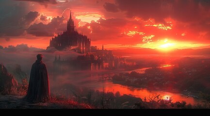 Wall Mural - A medieval castle under the sunset, with red and orange tones in a digital art style. A man wearing dark stands outside of i