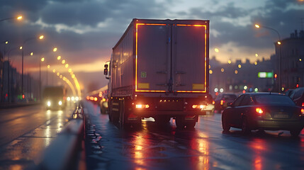 Wall Mural - Cargo truck driving through landscape at sunset
