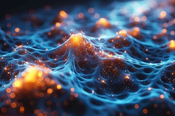 Wall Mural - Abstract digital background. Sparkling blue waves with glowing orange particles