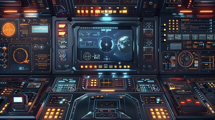 Explore a futuristic spacecraft interface featuring cutting-edge navigation systems and astro tech interfaces in stunning 3D vector style.