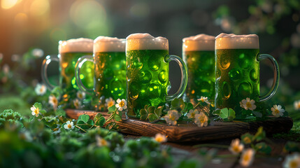 Wall Mural - five mugs of green beer with foam on top on a board among a meadow with three-leaf clovers