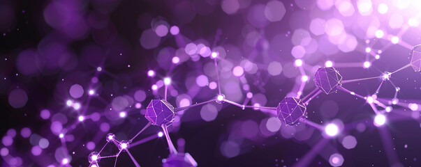 Wall Mural - Twilight purple background with glowing minimal molecular networks tiny, high-tech structures formed from interconnected polygons radiating energy.