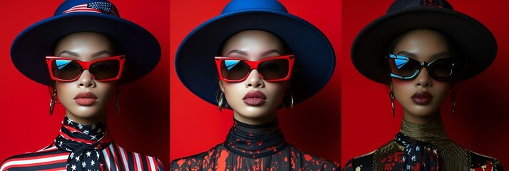 Wall Mural - African-American female - stylish fashion shot - attitude - sunglasses - profile shot - collage - multiple poses 