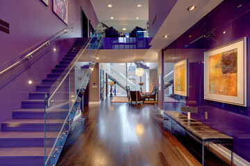 Vibrant violet entrance hall with a contemporary staircase and sleek, modern furnishings in an upscale American home.