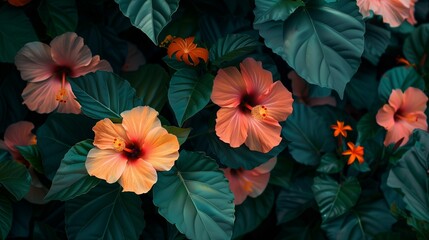 Wall Mural - A bouquet of vibrant hibiscus blooms, their bold colors contrasting against the deep green foliage.