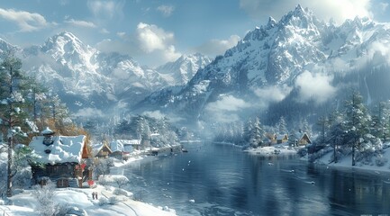 Wall Mural - a small town in the mountains, a river flows next to it and snowcovered houses stand along its bank