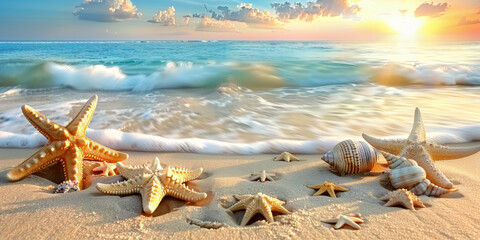 Wall Mural - A beach scene with a variety of starfish and shells