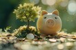 An image of little cute pink piggy bank placed near tree growing with coin scattering at the ground. Close up of piggy bank represented investment and financial advice. Saving money concept. AIG42.