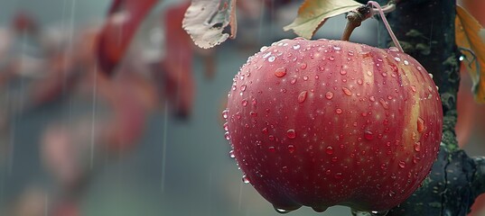 Wall Mural - Macro close up  fresh apple with dew, hanging on tree, wide banner with copy space