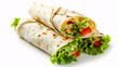 Tortilla wrap with meat, cheese and vegetables isolated on white