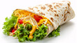 Tortilla wrap with meat, cheese and vegetables isolated on white