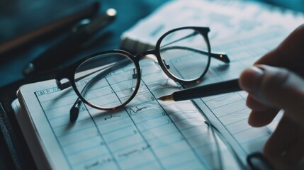 A page from the calendar and a hand with a pen marking the date are next to the glasses