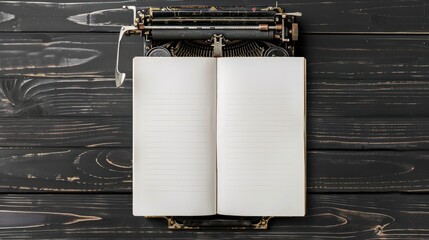 Blank page book with a copy space and old typewriter with letter on a black wooden table flat lay background with a copy space