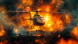 A helicopter flying through explosion and fire on the ground during a rescue mission