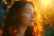 Glowing Beautiful radiant woman posing in sunlight. Brunette female model portrait outdoor. Generate ai