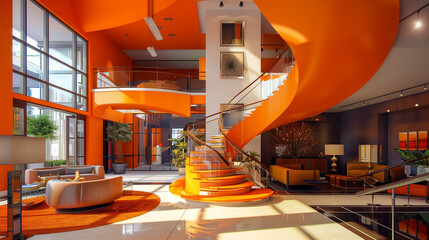 Wall Mural - Bold orange entrance hall with a contemporary staircase and luxurious decor in a modern American setting.