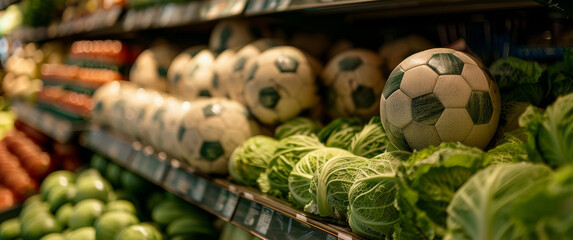 Wall Mural - Vegetable section of the supermarket. Classic soccer balls are sold among watermelons, melons and cabbage. close up photo with bokeh. beautiful sunset light.