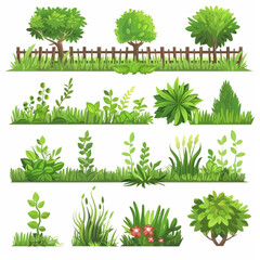 Wall Mural - Green bush and grass border cartoon illustration. Garden tree plant icon set. Simple comic foliage fence with flower for game. Botany graphic asset for landscape or outdoor park hedge summer design ve