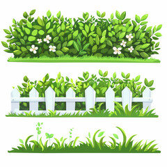 Wall Mural - Green bush and grass border cartoon illustration. Garden tree plant icon set. Simple comic foliage fence with flower for game. Botany graphic asset for landscape or outdoor park hedge summer design ve