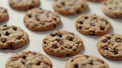 Poster - A row of chocolate chip cookies on a white background. The cookies are all the same size and shape, and they are all lined up next to each other