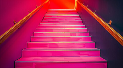 Wall Mural - Hot magenta stairs with a minimalist wooden handrail, wide angle from the top.