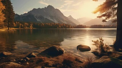 Wall Mural - A beautiful lake with mountains in the background. The water is calm and the sun is setting. The scene is peaceful and serene