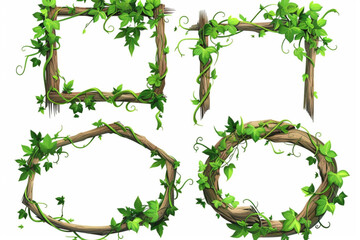 Jungle liana vine - long branches and circle and square frame with green creeping plant and leaves. Cartoon vector illustration set of game ui design borders made of tropical climbing plant. vector ic