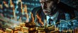 In this digital art piece with a touch of noir, a stack of gold bars casts long shadows on a wrinkled stock market chart. The line graph trends upwards as a concerned businessman stares intently