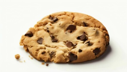 Poster - A chocolate chip cookie with a bite taken out of it. The cookie is sitting on a white background