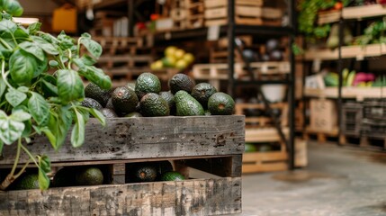 Wall Mural - Ripe avocados in wooden crates at market with assorted fruits for vibrant produce display concept