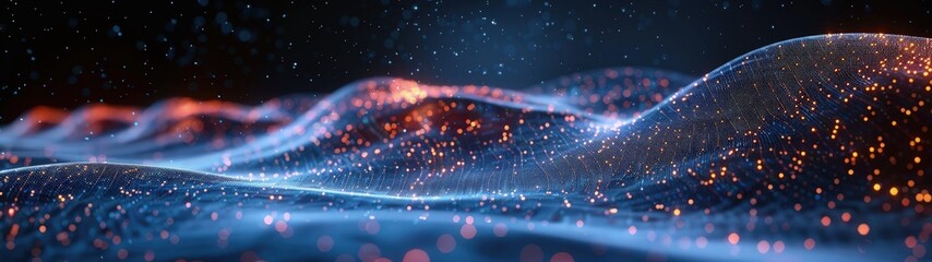 Blue wave of dots and weave lines, for design on the topic of cyberspace, big data, metaverse, network security, data transfer on dark blue abstract cyberspace background.
