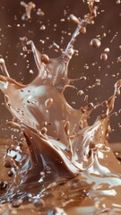 Wall Mural - A splash of chocolate milk is splashing out of a cup. Concept of fun and playfulness, as if someone is enjoying a delicious treat. The chocolate milk is the main focus