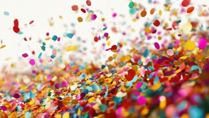 Wall Mural - A colorful explosion of confetti is scattered across the sky. The confetti is in various colors, including red, yellow, and blue. The scene is lively and festive, evoking a sense of celebration