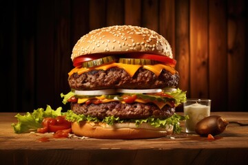 Wall Mural - Delicious double cheeseburger on wooden table