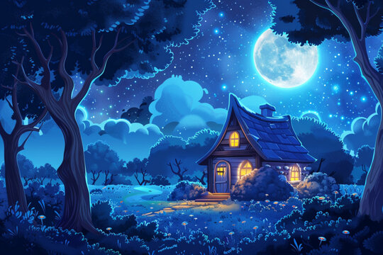 Summer countryside landscape with house at night. Starry sky with full moon in evening and mystery light from gnome home window. Fairytale cottage in darkness of midnight. Magic dwarf hut design vecto