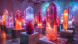 © Siwatcha Studio - Vibrant display of illuminated crystal sculptures in various colors at an art exhibition, showcasing modern artistic craftsmanship.