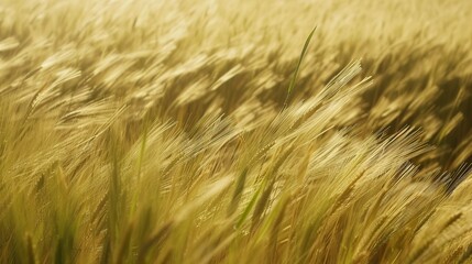 Wall Mural - Barley field waves in breeze, close up, late afternoon light, golden hues, focus on texture 