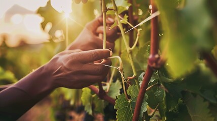 Sticker - Worker tying vines in vineyard, close up, focus on hands and greenery, gentle morning sun 