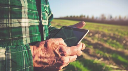 Sticker - Farmer using a digital tablet, close up on hands and screen, clear day, technology in agriculture 