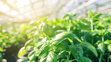 Wall Mural - Herbs growing in greenhouse, close up, focus on basil leaves, vibrant green, natural sunlight 