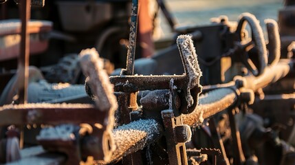 Wall Mural - Winter farm maintenance, close up on tools and machinery covered in frost, cold morning light 