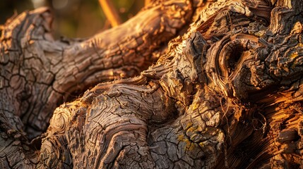 Poster - Old vine trunk, close up, rugged bark texture, sunset backlight, rich history of growth