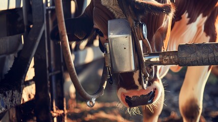 Sticker - Close up of cow being milked by machine, focus on udder and equipment, early morning light