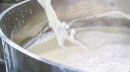 Wall Mural - Fresh milk flowing into stainless steel tank, close up, focus on the creamy texture, hygienic environment 