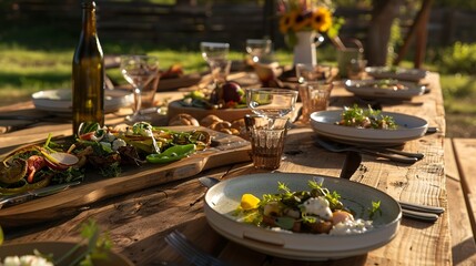 Poster - Rustic farm table set with fresh meals prepared, close up on dishes made from local ingredients, outdoor setting 