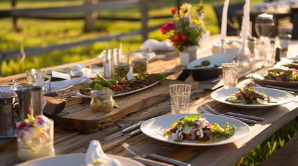 Poster - Rustic farm table set with fresh meals prepared, close up on dishes made from local ingredients, outdoor setting 